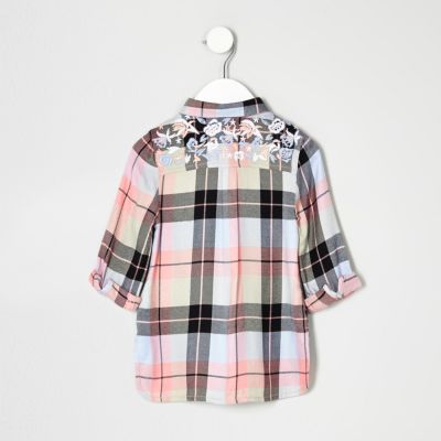 Mini girls pink check embroidered shirt